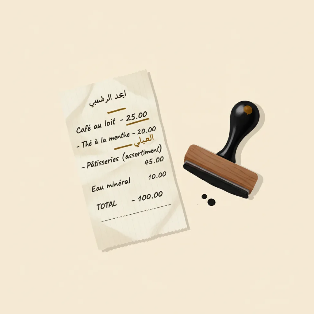 Un ticket de caisse manuscrit avec les prix bien lisibles, posé sur une table en médina à côté d'un tampon encreur ovale qui vient de le valider.