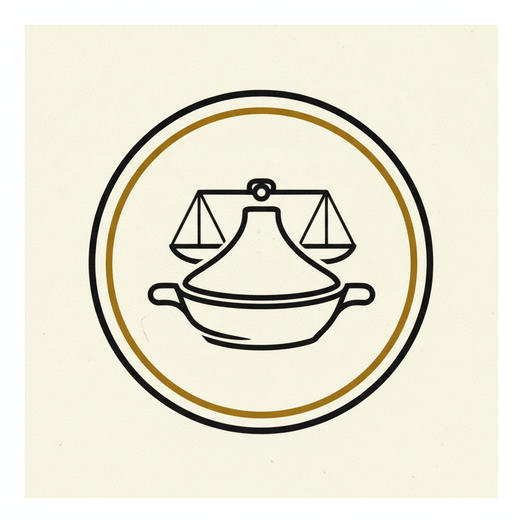 Cachet circulaire façon tampon de contrôle, où les deux anses d'un tajine dessinent les plateaux d'une balance, trait encré en noir sur fond crème — logo d'Addil.